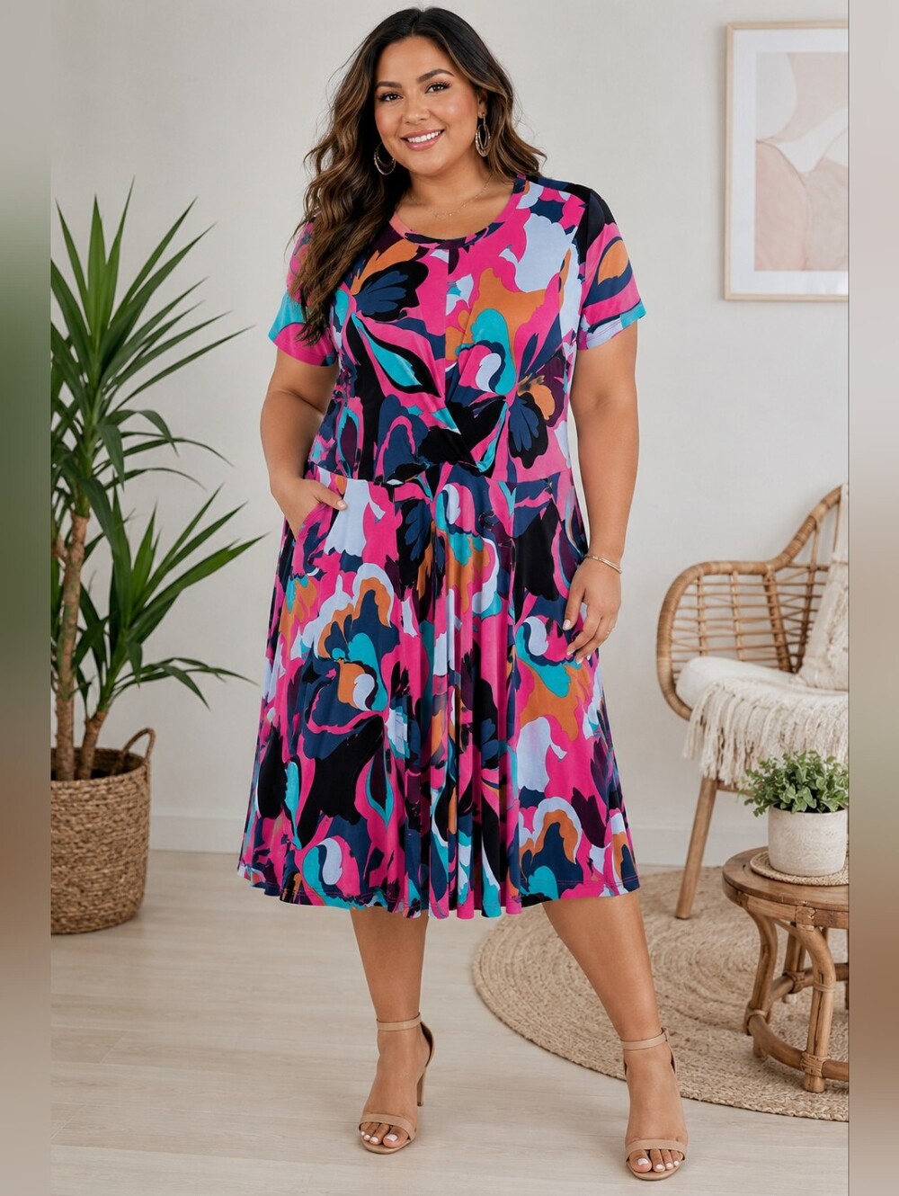 Torrid Super Soft Jersey Midi Dress Size Large Pink Abstract Floral Short Sleeve